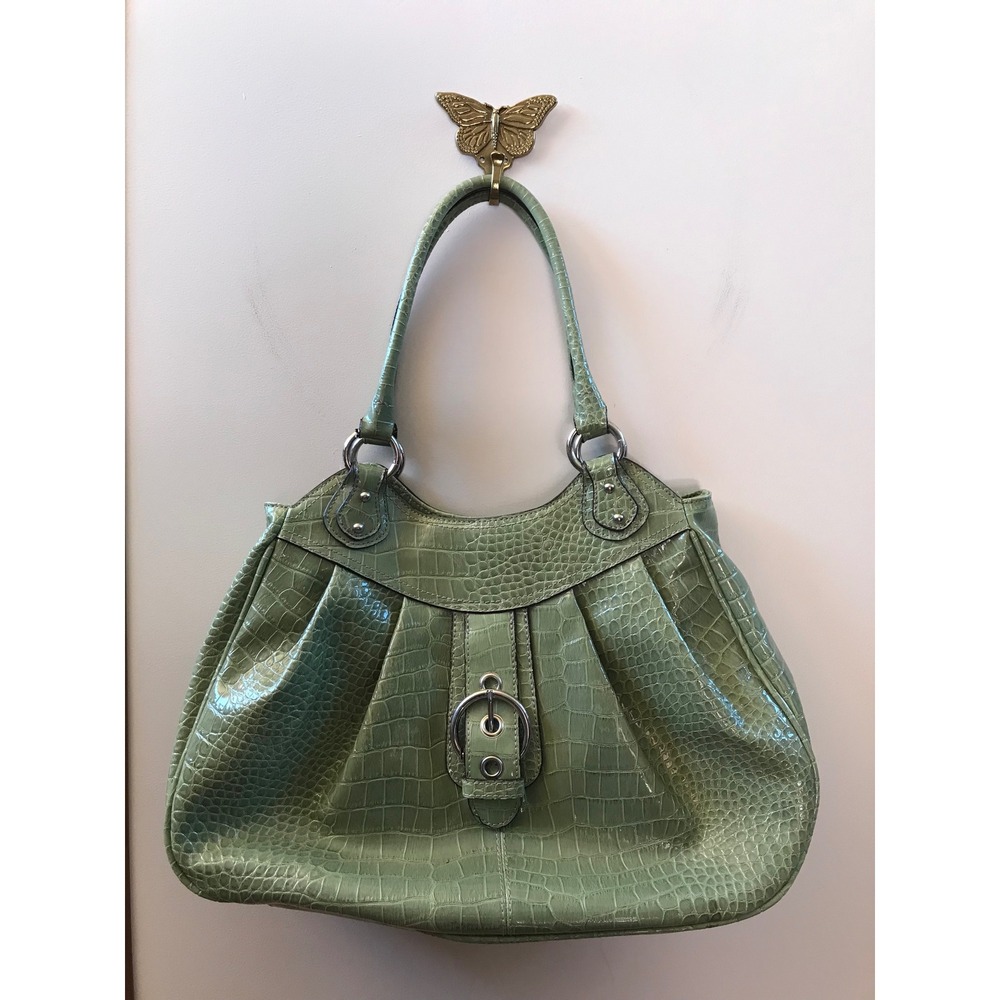 Nine West Hobo Bag Womens Large Green Good Vintage Croc Embossed Y2K Shoulder